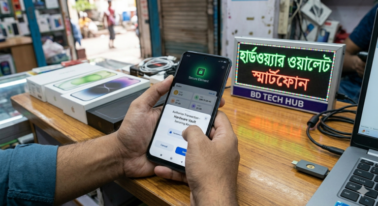 Detailed infographic for 'Hardware Wallet Smartphone price in Bangladesh', showing a modern phone with cold storage features, security icons, BTC/ETH/SOL coins, and specific BDT price range and historical data graph, set against a Dhaka skyline.