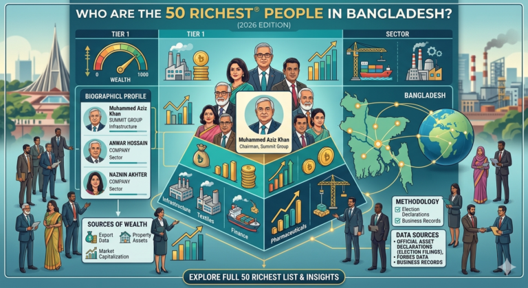 Infographic showcasing the richest men in Bangladesh for 2026, including Muhammed Aziz Khan and other top business tycoons, with estimated net worth and business sectors.