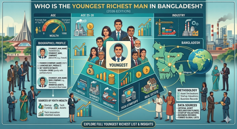 Infographic identifying the youngest richest individuals in Bangladesh, featuring sectors like Fintech and Tech Startups, with wealth metrics and a 2026 edition label.