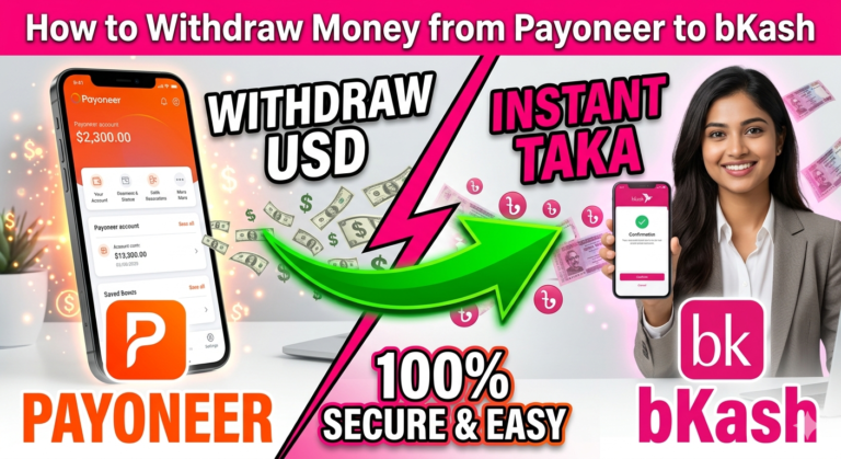 "Smartphone showing bKash mobile wallet and Payoneer account dashboard representing money withdrawal process from Payoneer to bKash in Bangladesh"