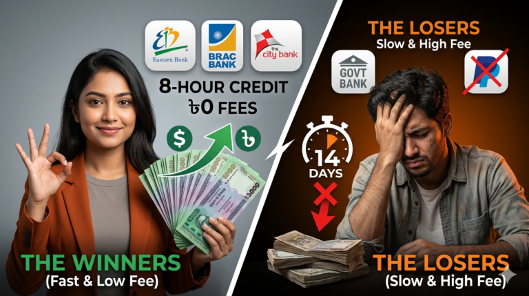 "Bangladeshi taka currency and laptop representing freelance payment remittance comparison between banks for international contractors"