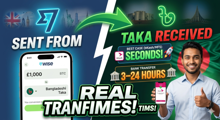 Infographic comparison showing real Wise transfer times to Bangladesh, comparing instant bKash mobile wallet credits against 3-to-24 hour traditional bank clearing windows.