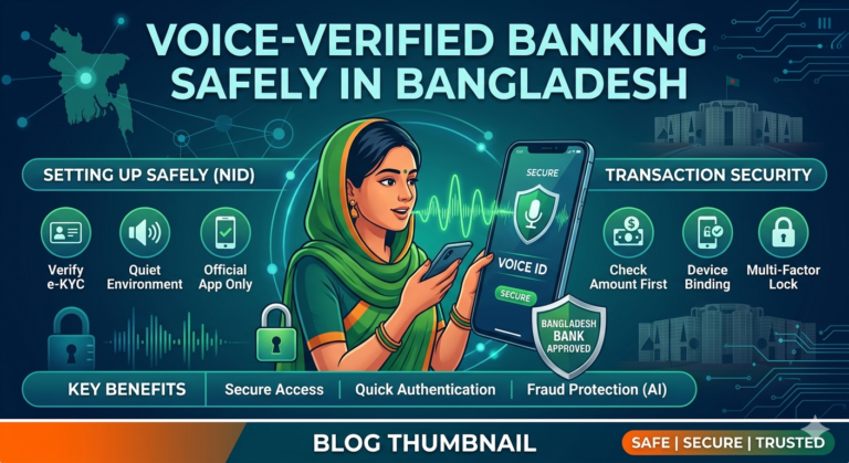 Infographic on safe voice-verified banking in Bangladesh, showing a user interacting with a mobile app via voice prompts, with icons for NID verification, deepfake protection, and official helpline numbers.